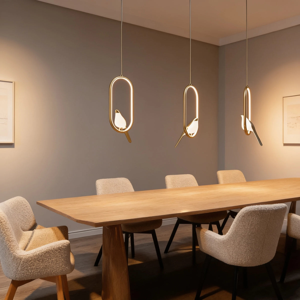 Three Qwel gold magpie pendant lights in a row above a dining table in a soft British minimalist dining room