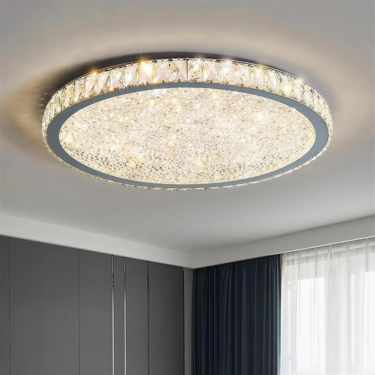 Raden crystal flush mount ceiling light in warm white above a bedroom with a dark wardrobe and grey curtains