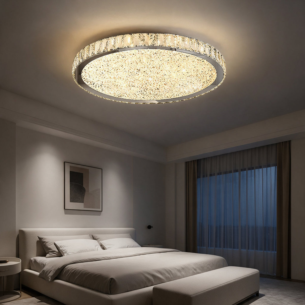 Raden crystal flush mount ceiling light in warm white above a bedroom with a grey upholstered bed and teal throw