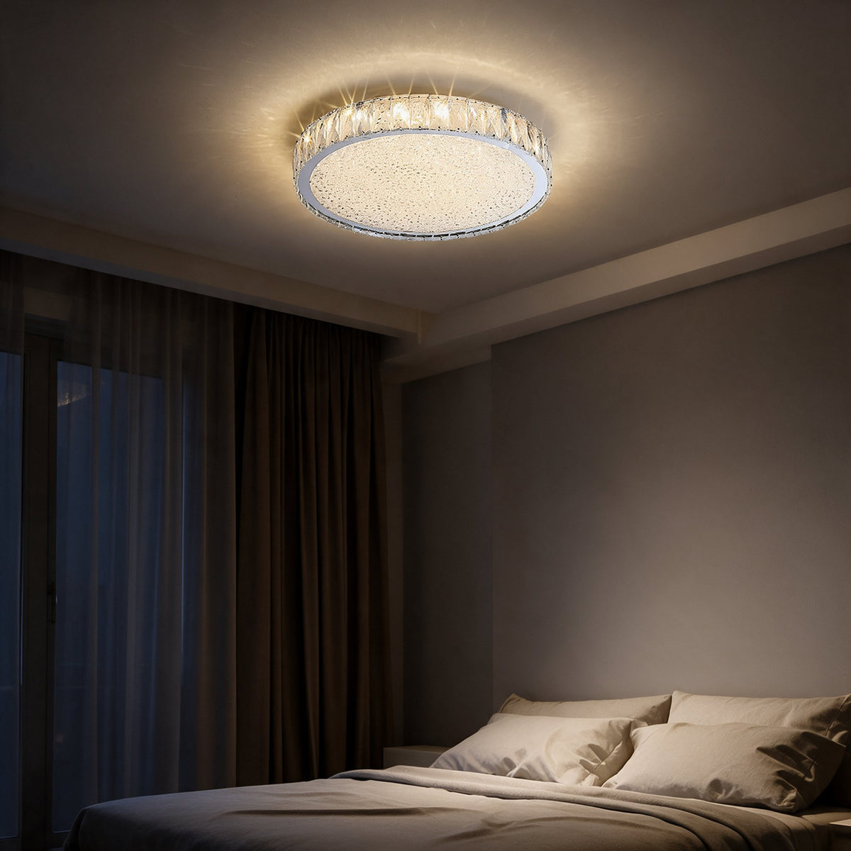 Raden crystal flush mount ceiling light in warm white above a bedroom with dark wood slat wall panelling