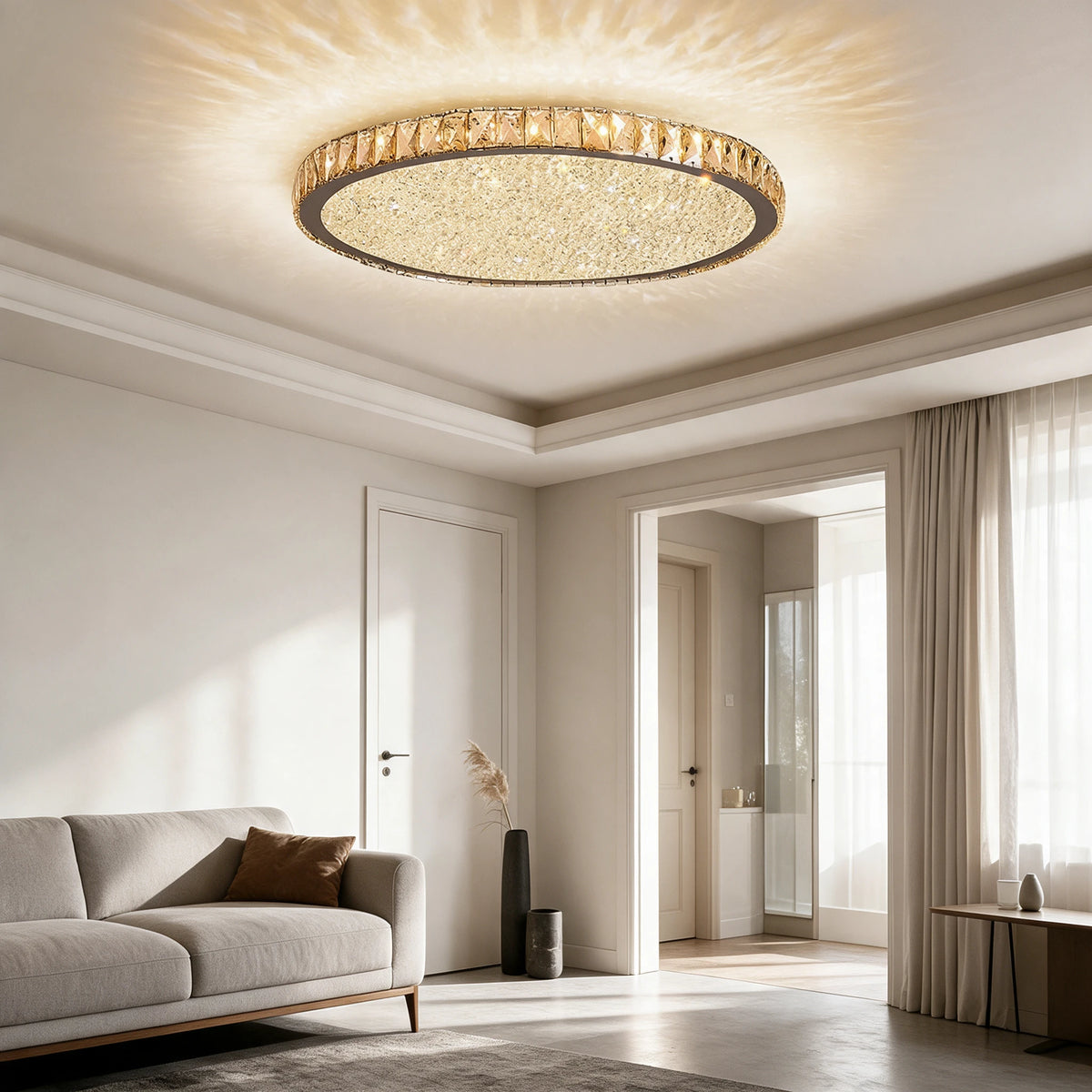 Raden crystal flush mount ceiling light above a hallway entrance with wall panelling and a mirrored doorway