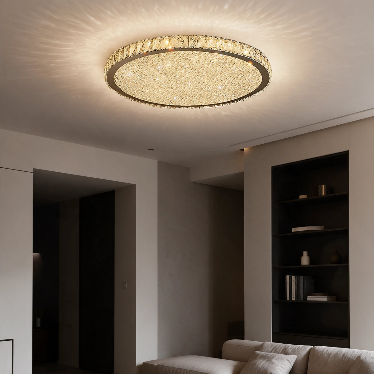 Raden crystal flush mount ceiling light above a living room with dark wood panelling and a built-in display shelf