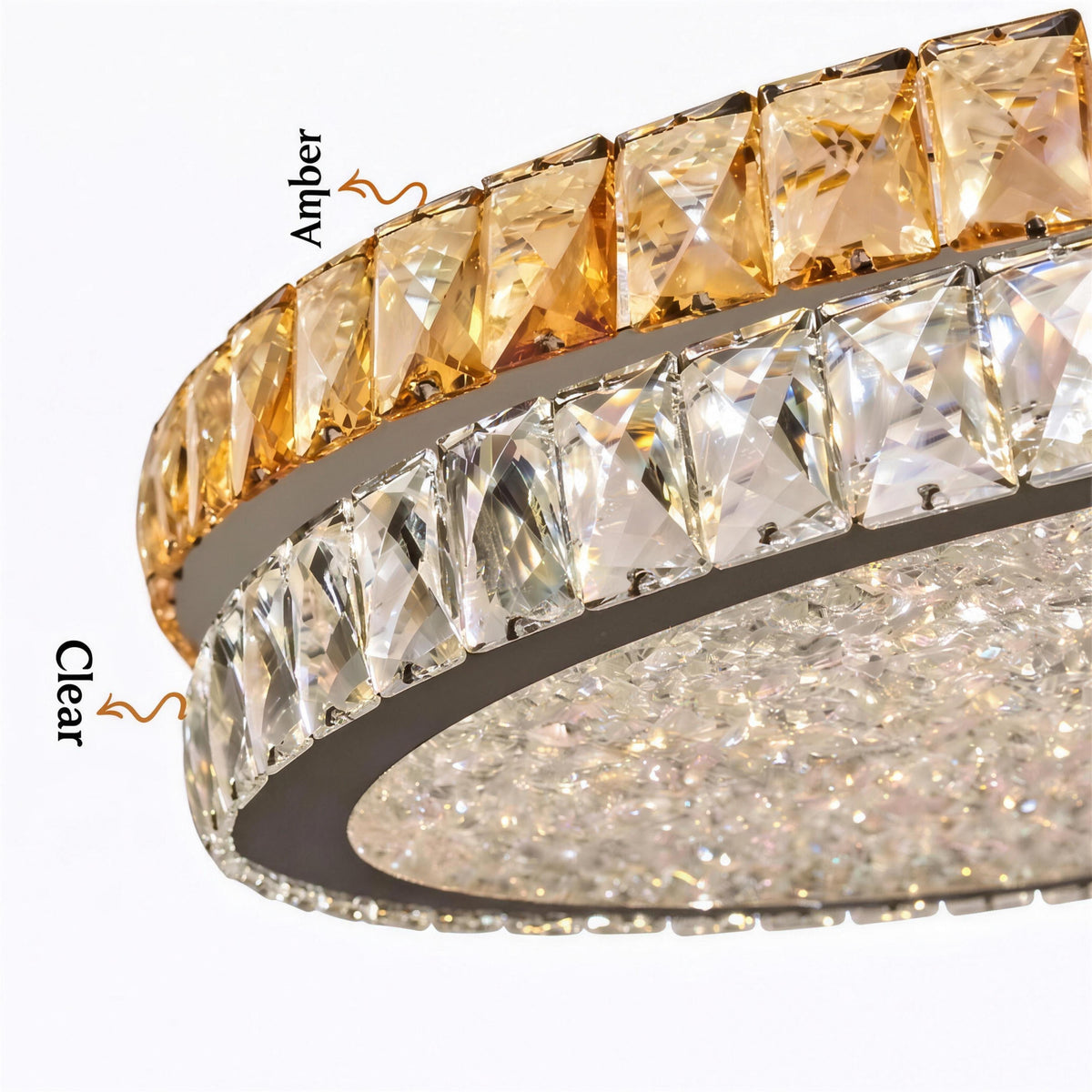 Close-up of the Raden ceiling light showing the Amber and Silver crystal colour options side by side