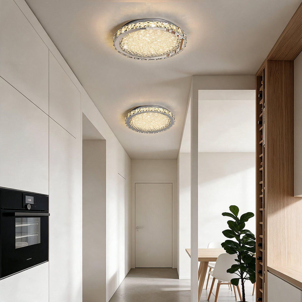 Two Raden crystal flush mount ceiling lights in warm white along a wood-panelled hallway leading to a dining area