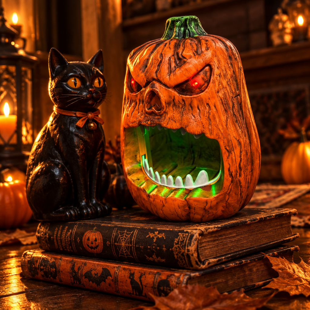 Radiant skull face pumpkin sweet box on a stack of vintage Halloween books with a black cat figurine