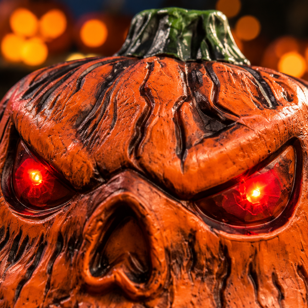 Extreme close-up of Radiant skull face pumpkin sweet box glowing eyes