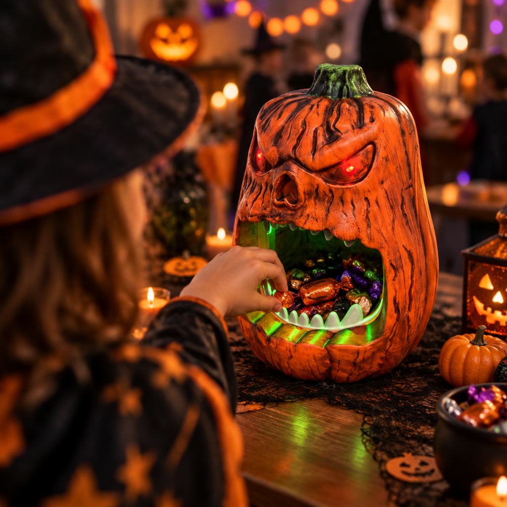 Side profile of Radiant skull face pumpkin sweet box on an outdoor porch step at dusk