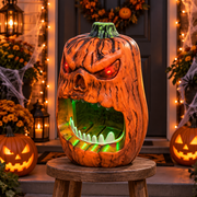 Radiant skull face pumpkin sweet box on a stool at a decorated Halloween house front door