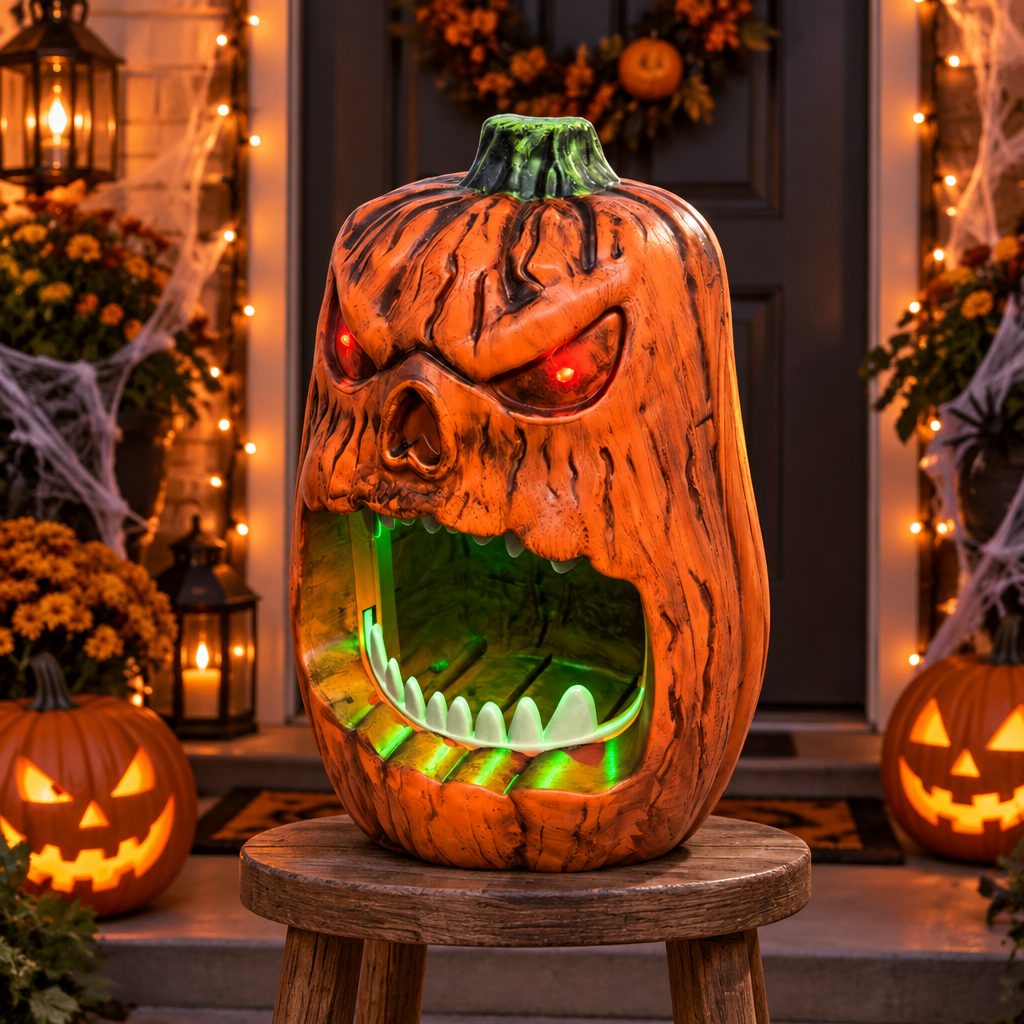 Radiant skull face pumpkin sweet box on a stool at a decorated Halloween house front door