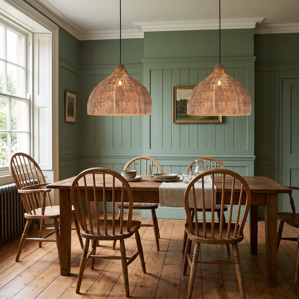 2 Relton rattan pendant lights above a dining table in a green panelled British dining room