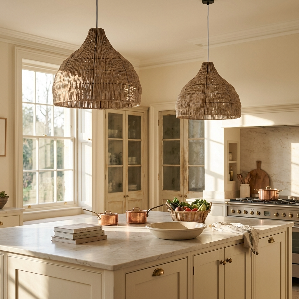 2 Relton rattan pendant lights above a kitchen island in a bright kitchen