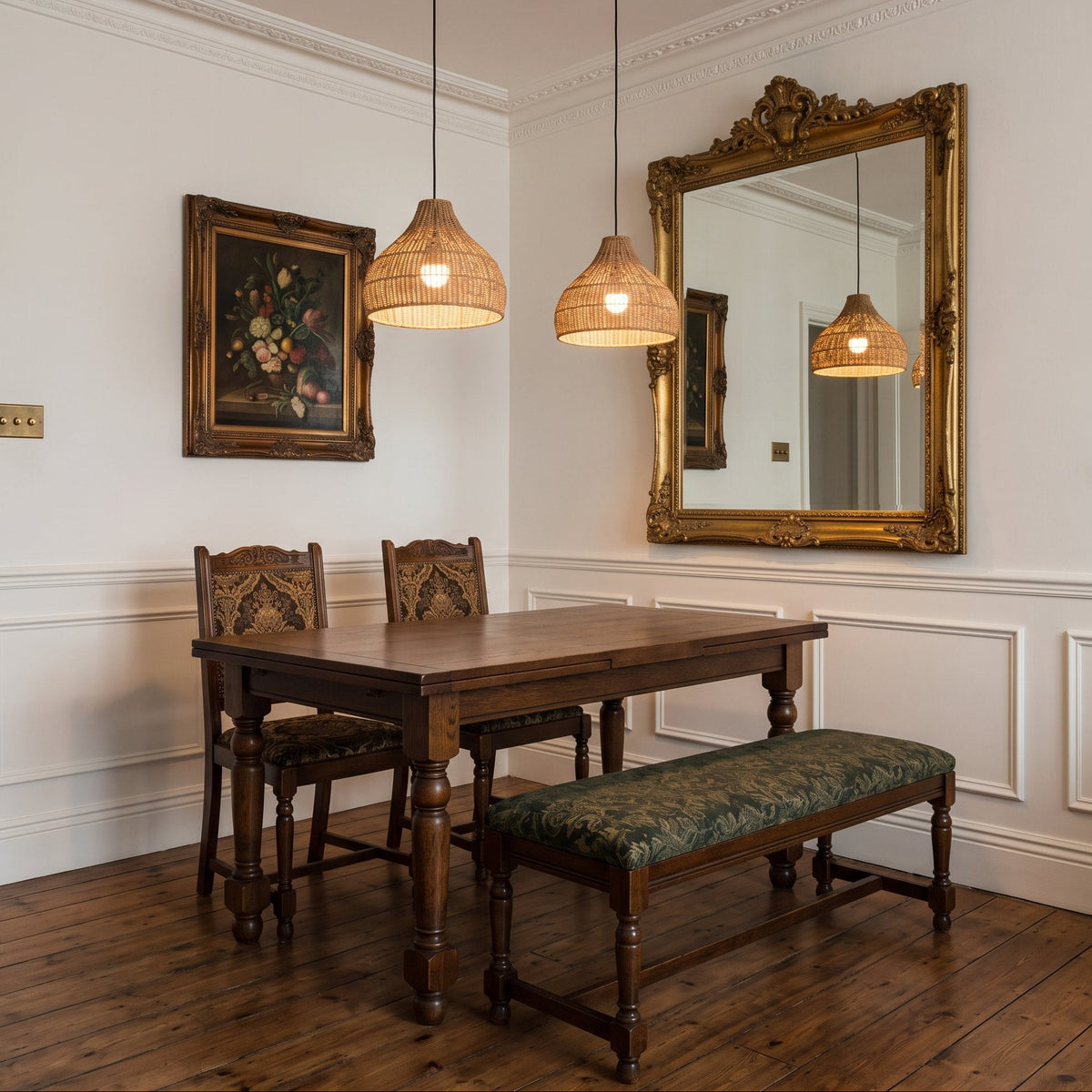 2 Relton rattan pendant lights in a British Victorian dining nook with a gilt mirror