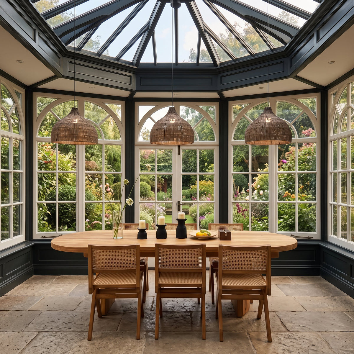 3 Relton rattan pendant lights above a dining table in a British conservatory with arched windows
