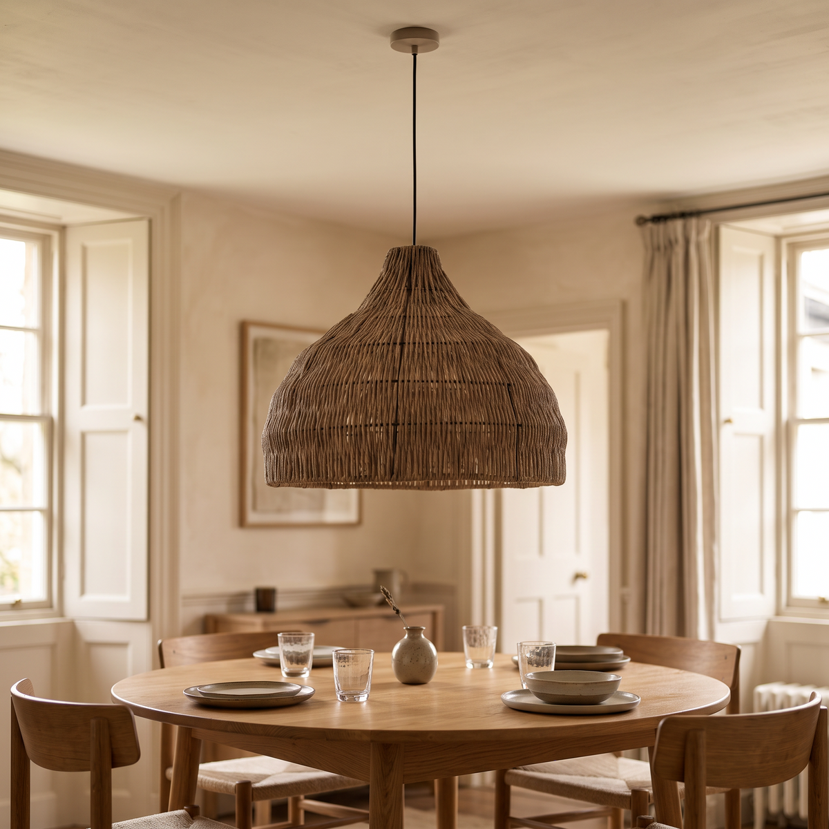 Relton 40cm rattan pendant light above a round oak dining table in a British dining room