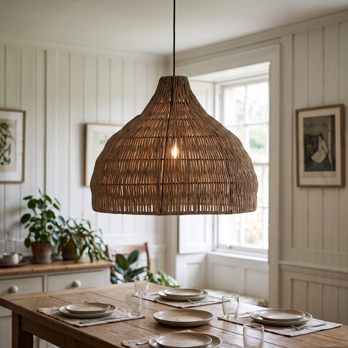 Relton 50cm rattan pendant light above a long oak dining table in a panelled British dining room