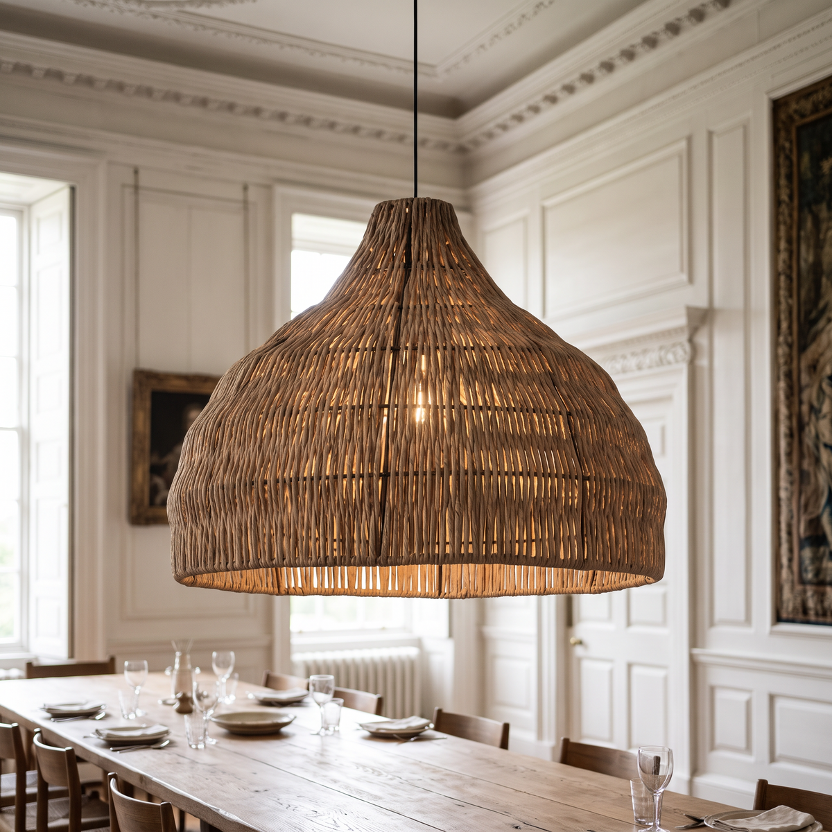Relton 60cm rattan pendant light above a long oak dining table in a grand British dining room