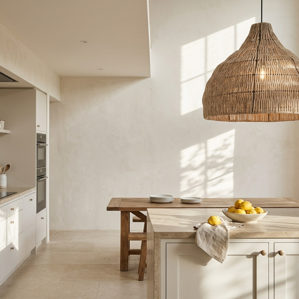 Relton rattan pendant light above a kitchen island with a bowl of lemons