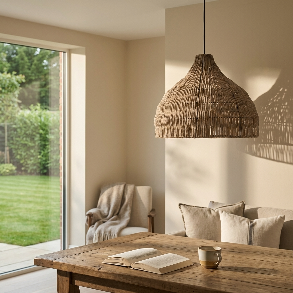 Relton rattan pendant light above a wooden table in a living space with garden doors
