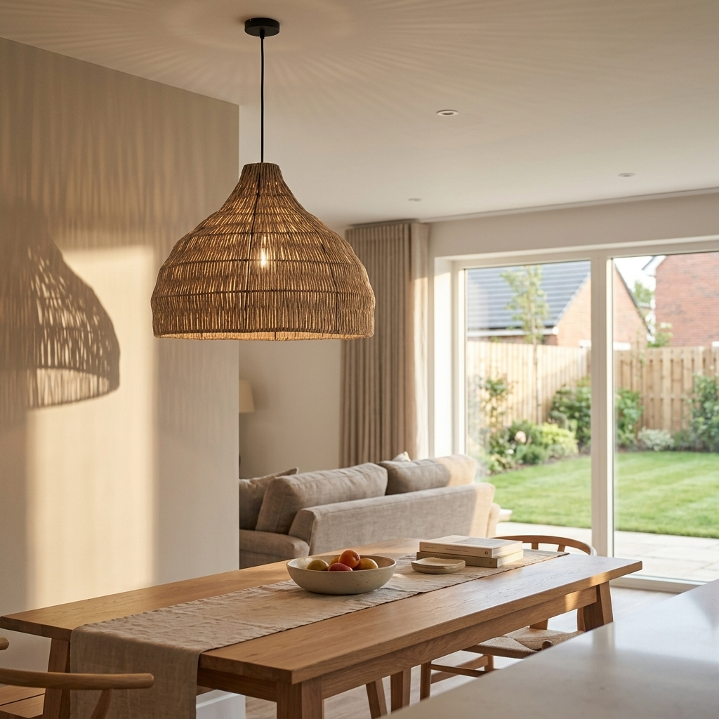 Relton rattan pendant light above a long dining table in an open-plan kitchen diner