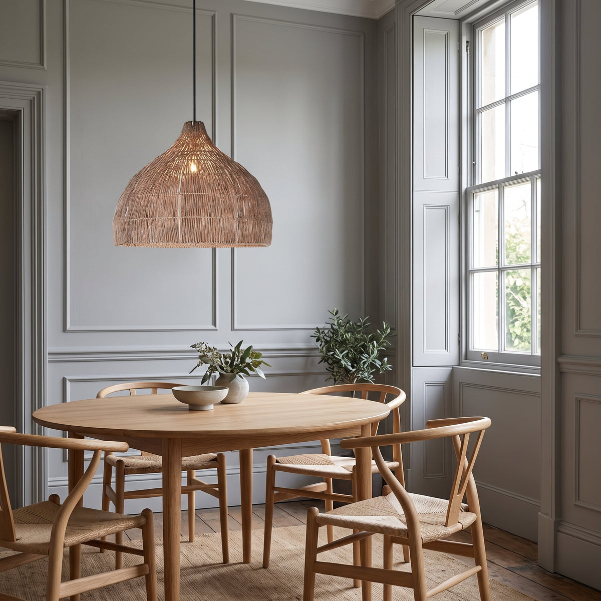 Relton rattan pendant light over a round oak dining table in a panelled British dining room