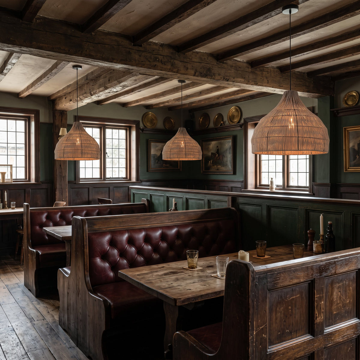 Relton rattan pendant lights in a traditional English pub with leather booths and beamed ceiling