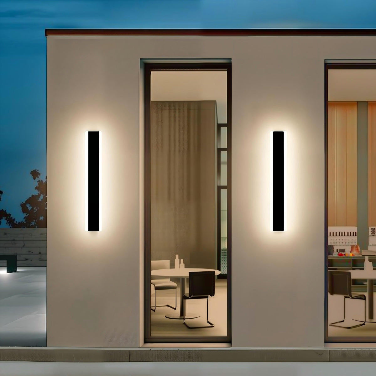 Pair of black reta rectangular LED porch lights framing modern glass patio doors