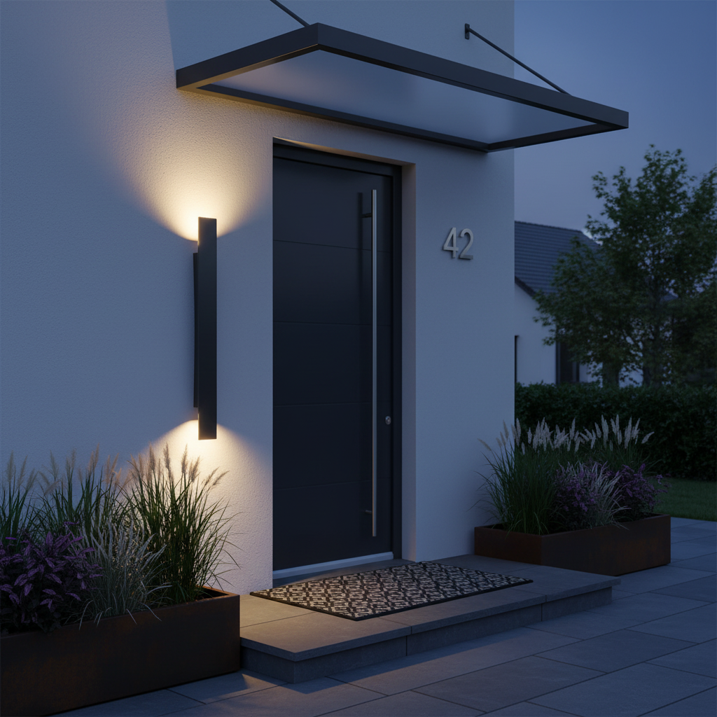Minimalist black reta LED front porch lighting next to a modern entryway