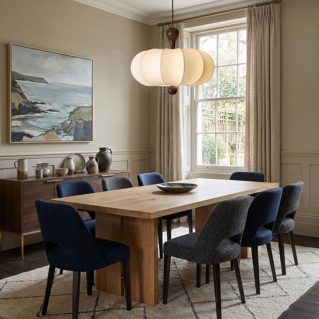 Rizqo pendant light hanging above a dining table in a room with blue chairs and coastal artwork