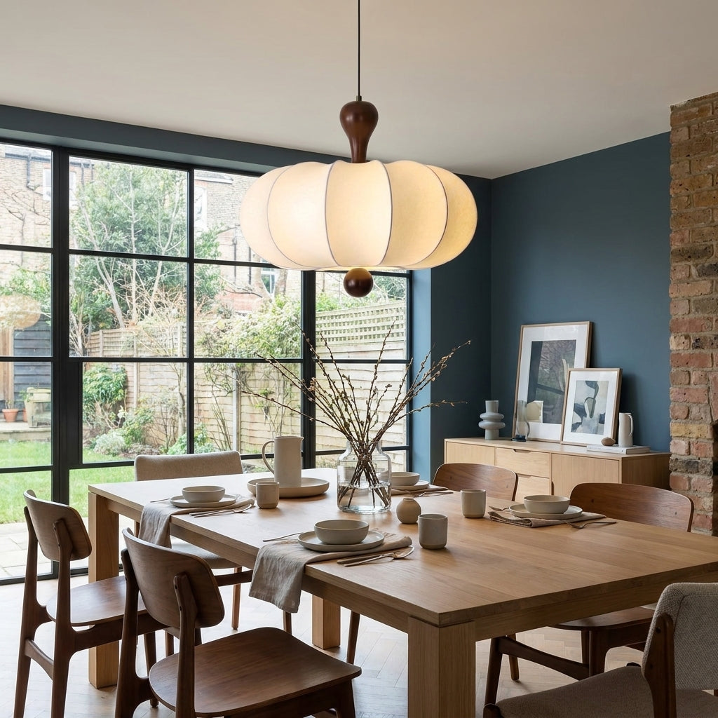 Rizqo pendant light hanging above a wooden dining table in a room with a navy blue wall