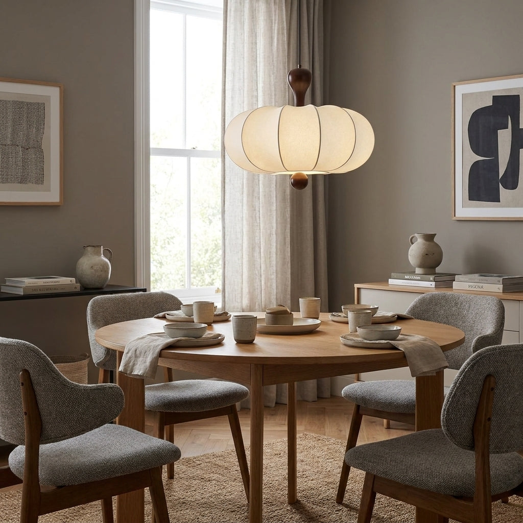 Rizqo pendant light hanging above a round dining table with framed artwork on the wall