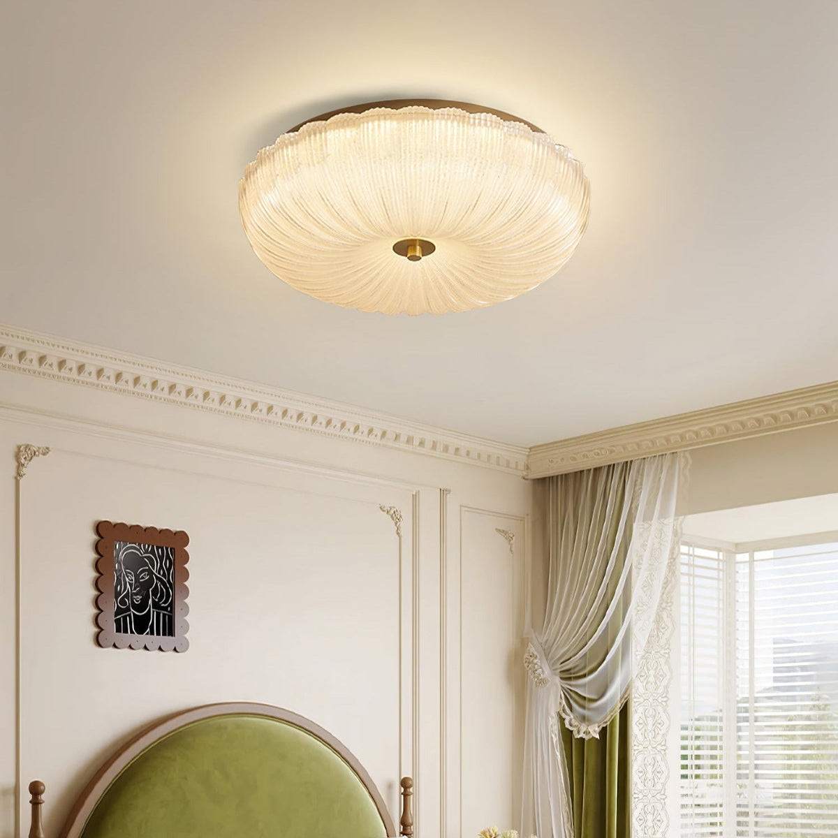 Modern fluted glass flush mount rutyl ceiling light in a bright bedroom with an arched doorway