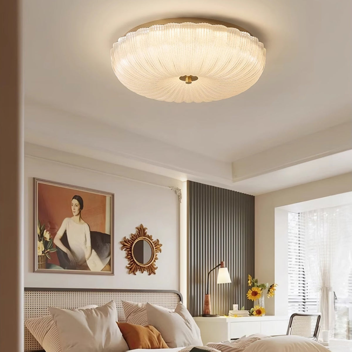Vintage ribbed glass dome rutyl ceiling light adding a warm glow to a classic bedroom