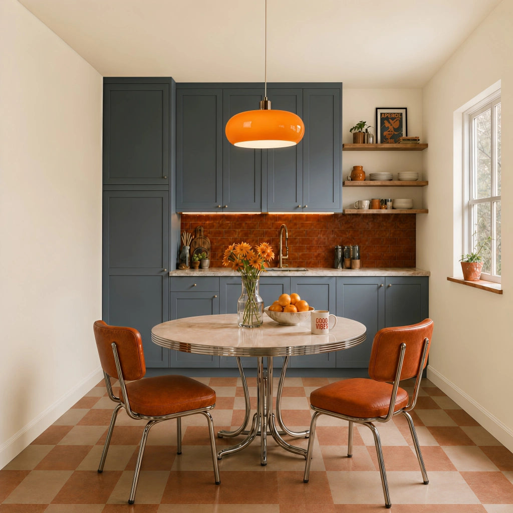 Orange mid-century modern seqa glass pendant light suspended over a round dining table in a contemporary kitchen