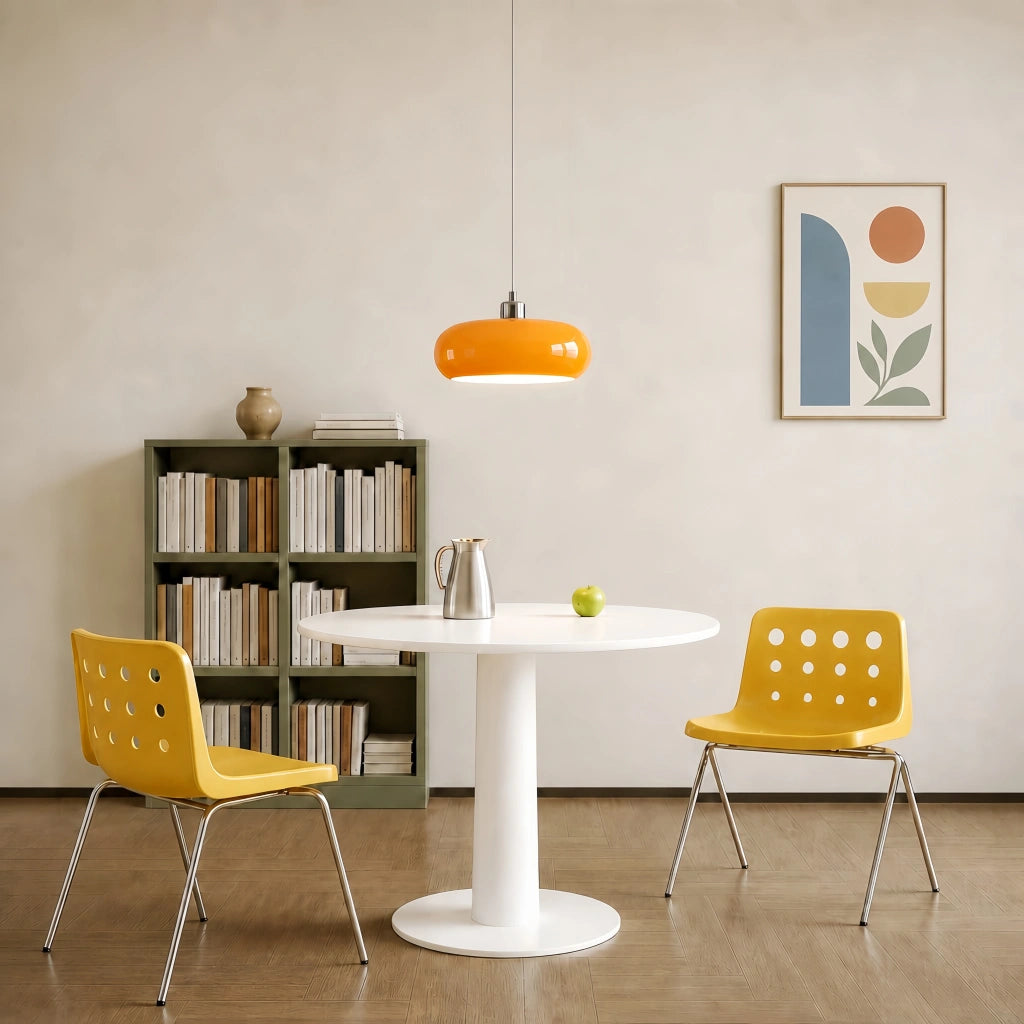 Vibrant orange seqa Bauhaus pendant light suspended above a white round dining table surrounded by yellow chairs