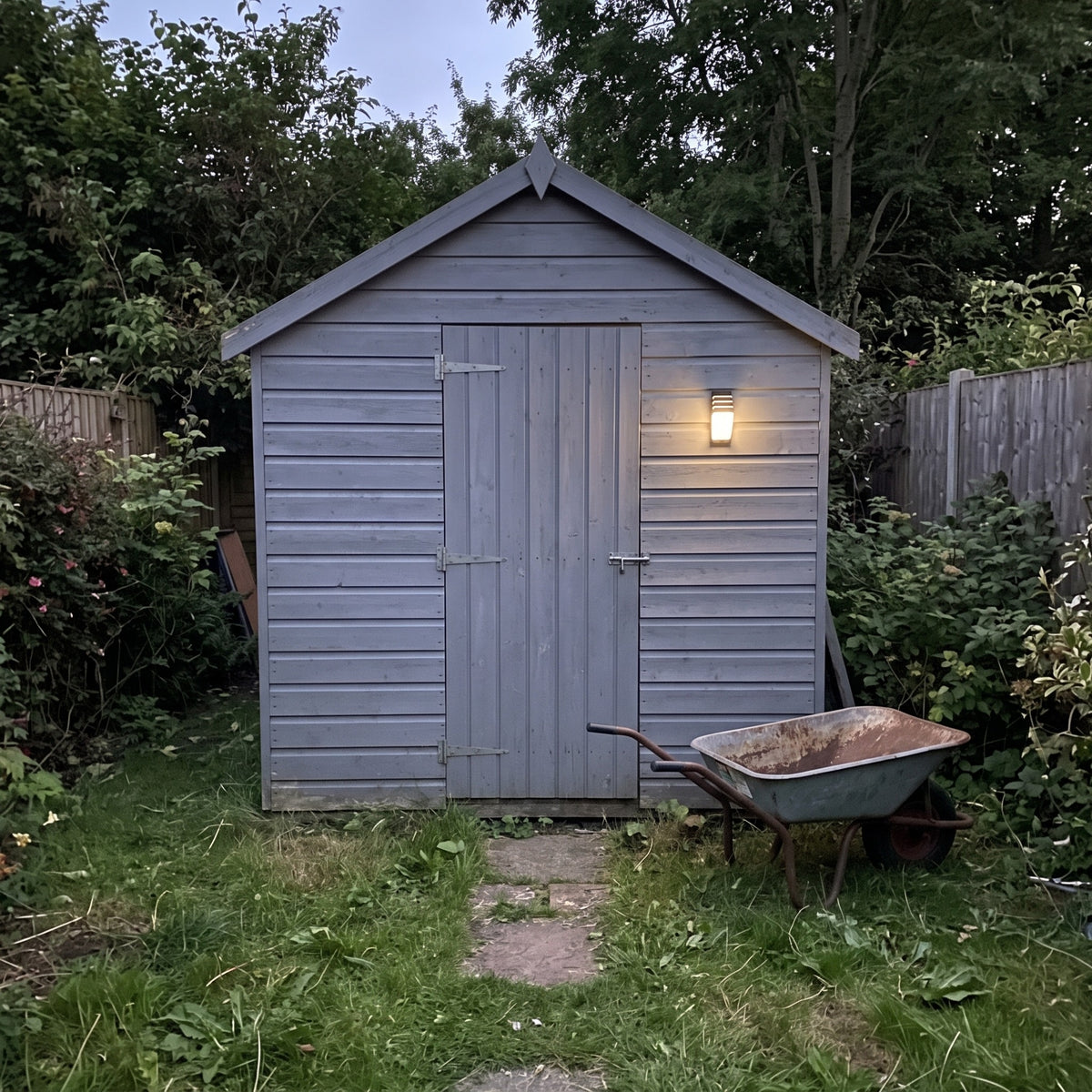 Small Strata outdoor wall light beside a grey garden shed door at dusk