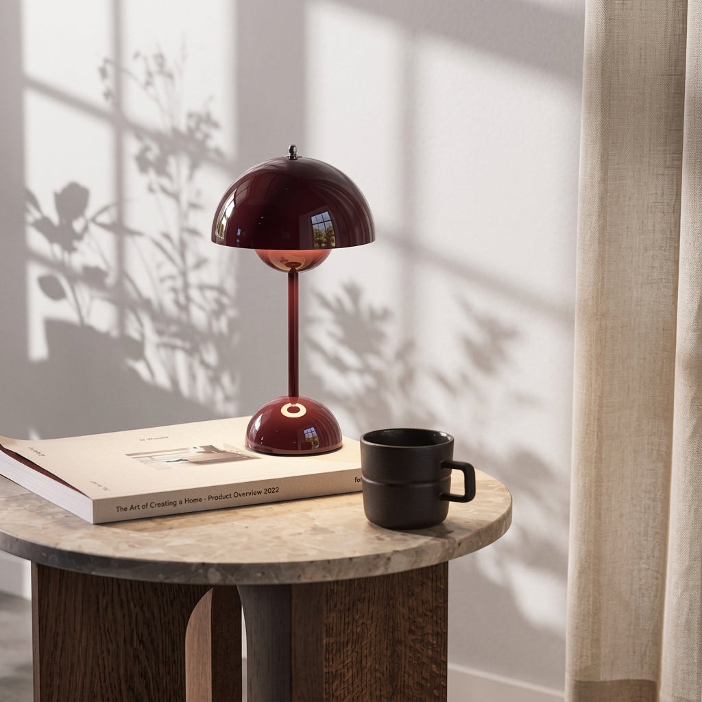 A glossy sulba dark red mushroom-shaped table lamp sits on a marble-topped side table next to a black mug and a book, with warm sunlight and window shadow patterns cast across the white wall and curtain.