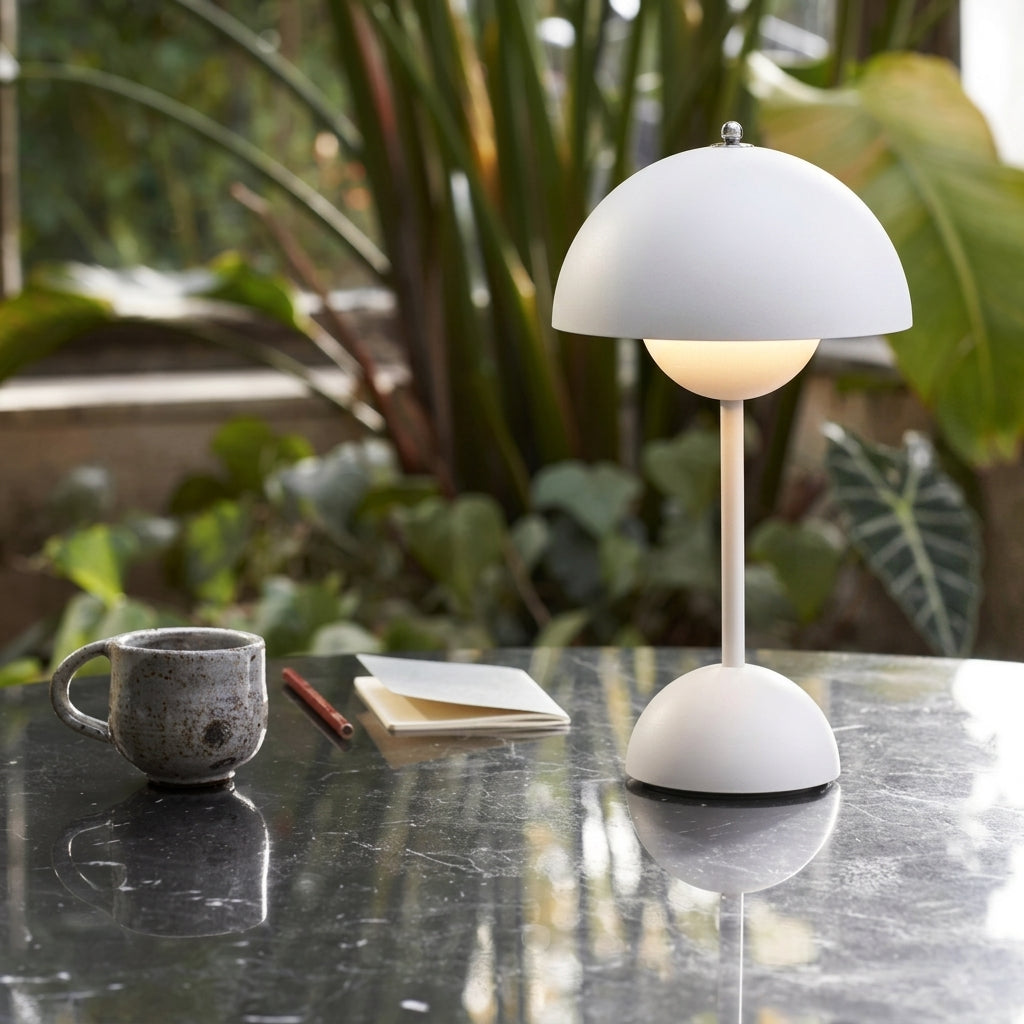A modern sulba mushroom-shaped table lamp with a white dome shade and base, glowing with warm light, set on a dark marble tabletop next to a ceramic mug and notebook, with a blurred green plant background.