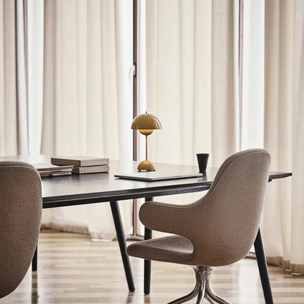 Modern office setup with a desk, chairs, and a sulba lamp in a bright room.