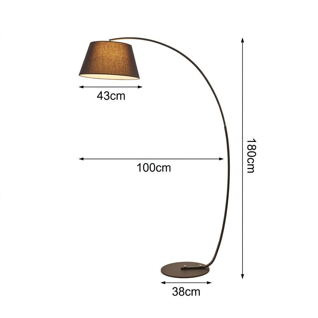 Tavio arc floor lamp dimensions diagram: 180cm height, 100cm reach, 43cm shade diameter, 38cm base diameter