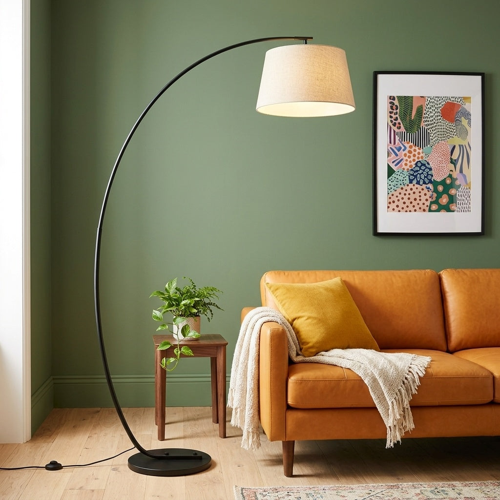 Tavio - Black Arc Floor Lamp with Fabric Shade - Curved Standing Lamp for Living Room