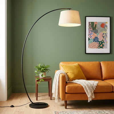 Tavio - Black Arc Floor Lamp with Fabric Shade - Curved Standing Lamp for Living Room