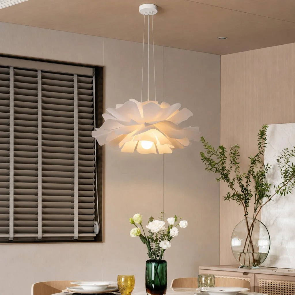 Nordic telba floral ceiling lamp illuminating a bright, contemporary dining space