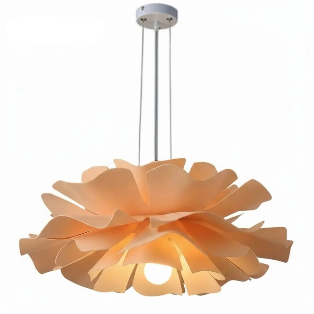 Extra large telba orange lotus chandelier showing its grand, sweeping acrylic petals