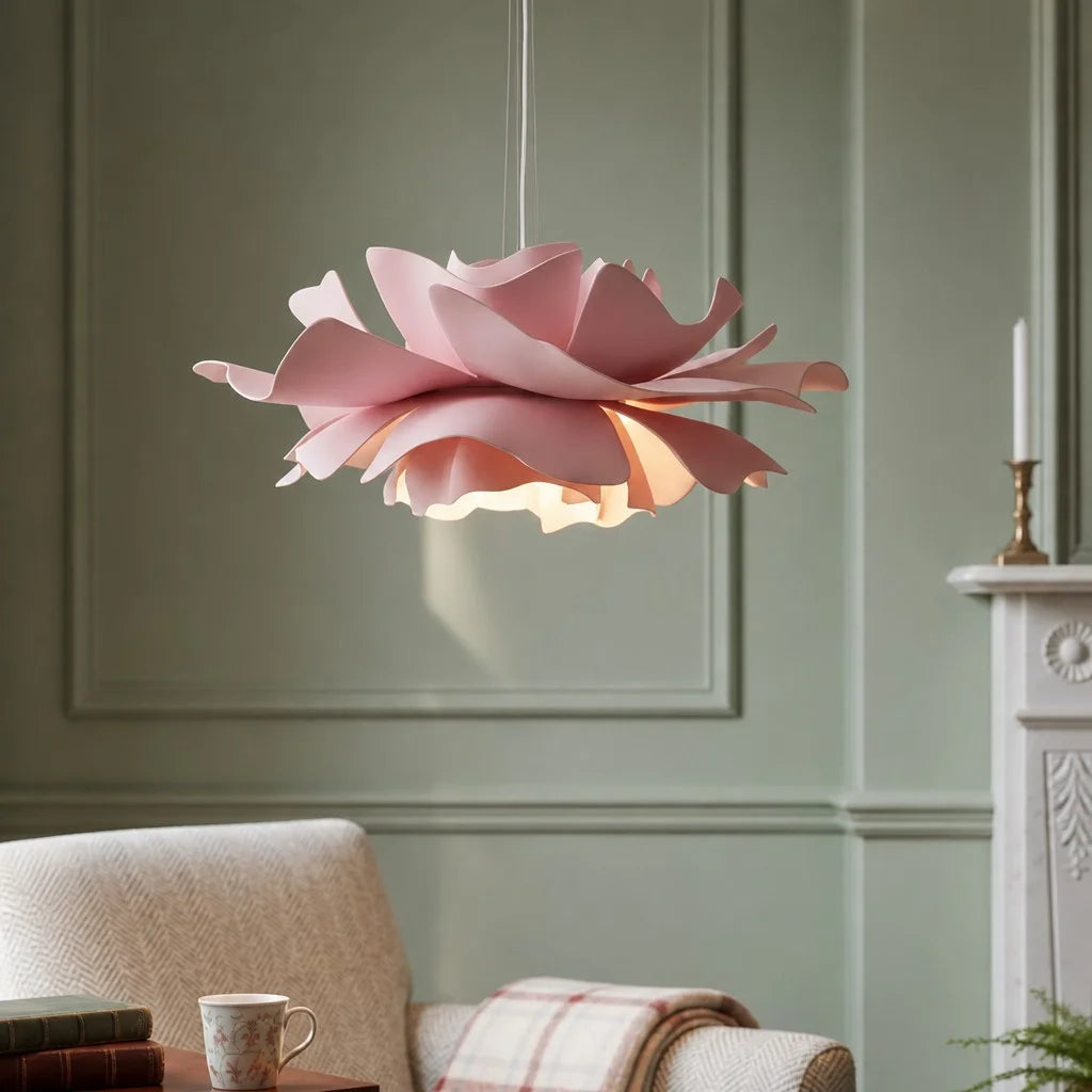 Pink telba lotus flower pendant light adding a soft pastel touch to a classic green living room