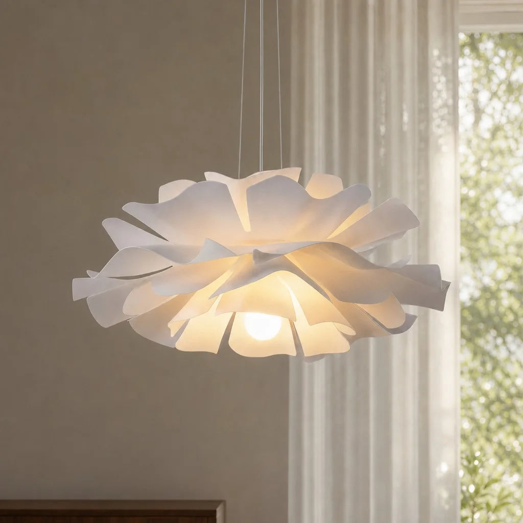 White telba floral pendant light suspended elegantly in front of sheer white window curtains