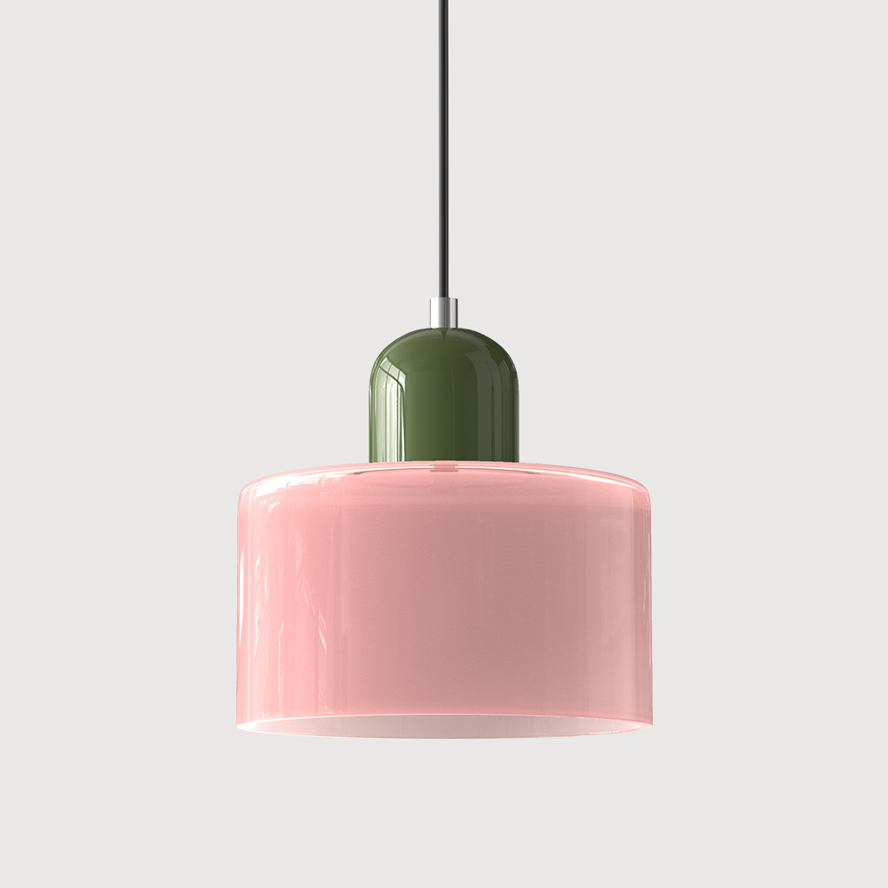 Green base and pink shade contrasting glass tepa ceiling light
