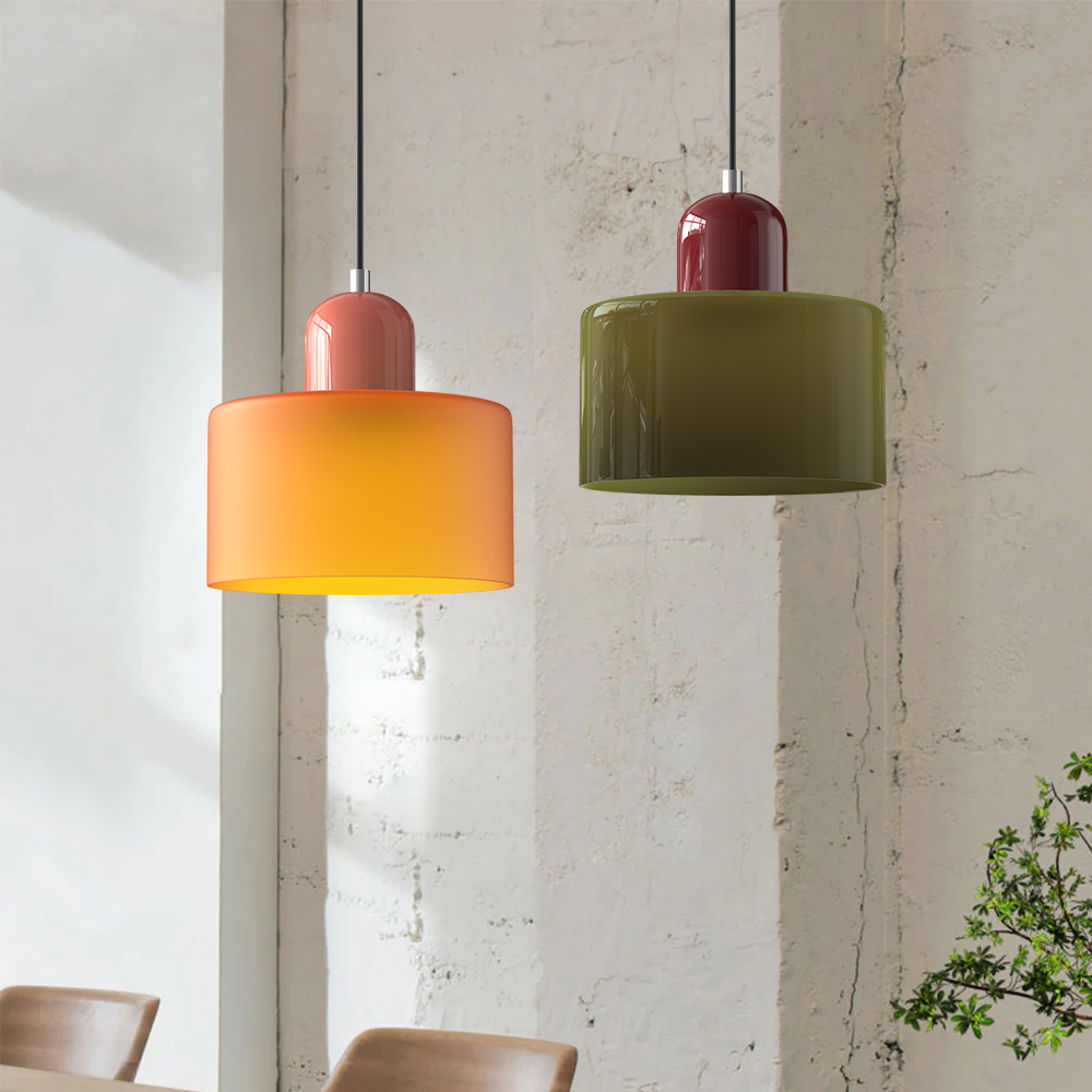 Vibrant cluster of orange and green colour-block tepa glass pendant lights