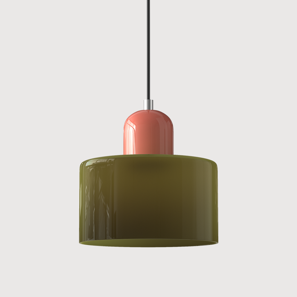 Pink base and green shade Bauhaus colour-block tepa glass pendant light isolated