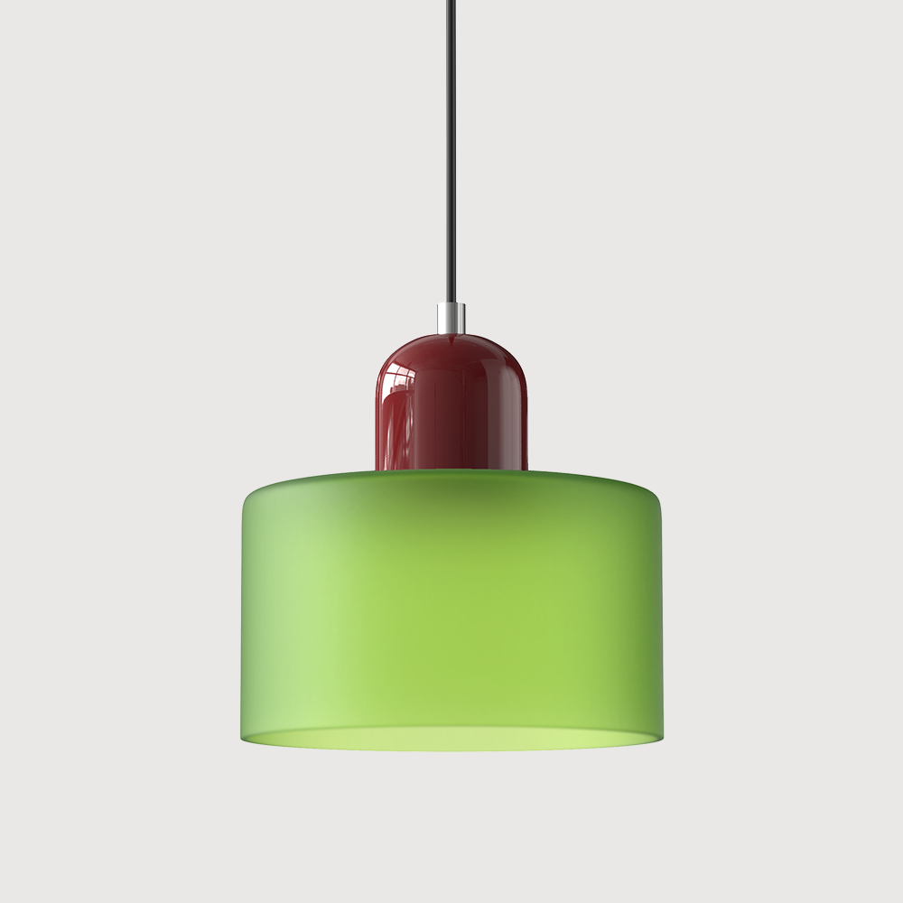 Red base and frosted green shade Bauhaus style tepa pendant