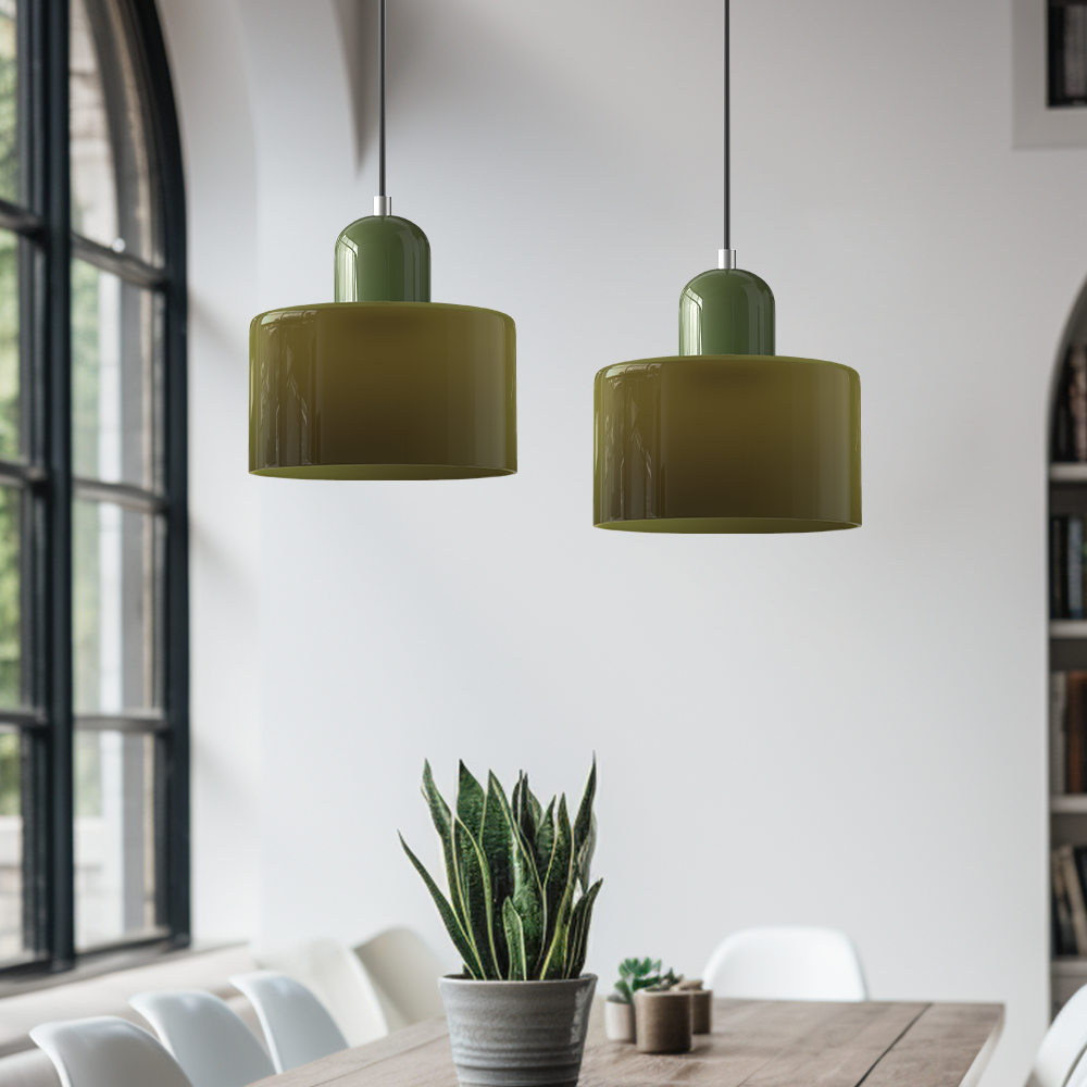 Two green mid-century tepa glass ceiling lamps adding a pop of colour to a neutral modern kitchen